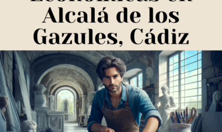 Un atractivo marmolista, hombre o mujer, elegido al azar, está elaborando lápidas de nicho de pared tradicionales en su taller. La ambientación del taller es detallada, reflejando el estilo de un espacio típico de un artesano del mármol en Alcalá de los Gazules, Cádiz. Alrededor se ven herramientas y losas de mármol, lo que resalta la habilidad del artesano y el entorno. La imagen incluye un elemento que muestra de forma destacada la URL 'https://www.lapidascadiz.com/'. La escena captura el arte y la dedicación del marmolista de una manera realista y atractiva.