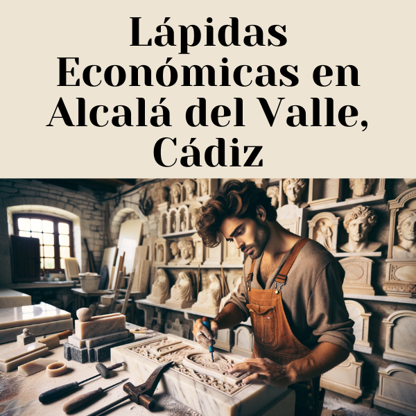 Una imagen aleatoria de un atractivo trabajador del mármol, hombre o mujer, trabajando en su taller. La escena está ambientada en Alcalá del Valle, Cádiz. El taller está lleno de lápidas tradicionales con nichos en la pared. El marmolista se centra en grabar o pulir una lápida. Al fondo se muestran herramientas y losas de mármol, típicas de un taller de mármol. Incluya detalles como arquitectura de estilo español y decoración andaluza para indicar la ubicación. La imagen también debe incluir la URL 'https://www.lapidascadiz.com/' de forma visible en la escena.