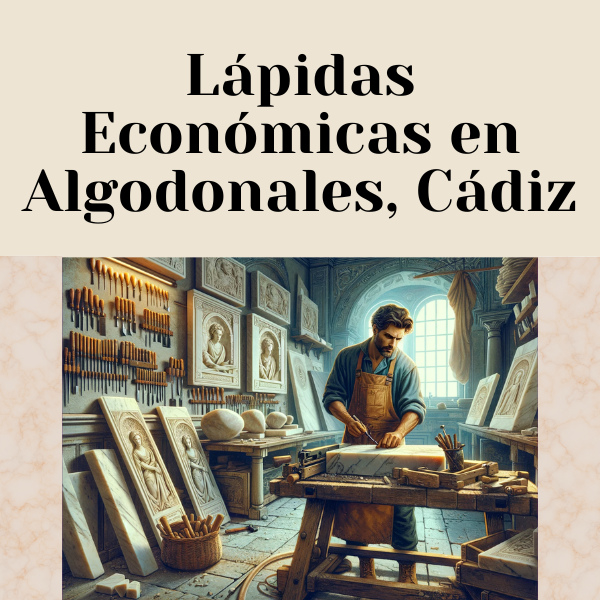 Un atractivo marmolista elegido al azar, hombre o mujer, trabajando en su taller en Algodonales, Cádiz. El taller está lleno de herramientas y losas de mármol para crear lápidas de nicho de pared tradicionales. La escena está detallada con elementos propios de un taller de mármol, como cinceles, martillos y bocetos de lápidas sobre una mesa de trabajo. Incluye una URL visible 'https://www.lapidascadiz.com/' en la pantalla de una computadora o colgada en la pared al fondo. El entorno debe evocar el ambiente de un taller de mármol tradicional español.