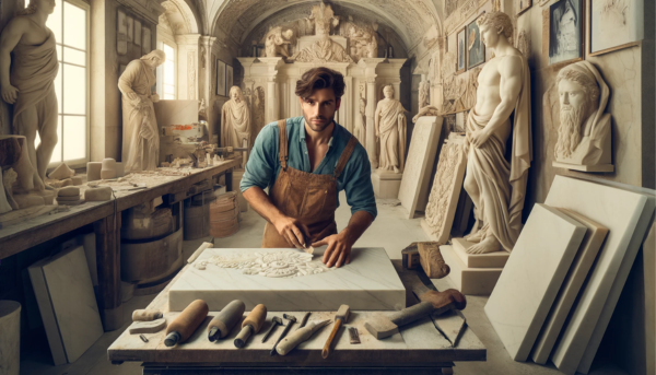 Crea una imagen horizontal de un marmolista, que puede ser un hombre o una mujer, trabajando en su taller donde crean lápidas funerarias. Estas lápidas son el tipo tradicional de nichos funerarios de pared. En la descripción de la imagen, incluye la URL: https://www.lapidascadiz.com/. El taller deberá contar con detalles que evoquen a un taller de mármol de Barbate, Cádiz, como equipamientos y materiales típicos utilizados en la región.