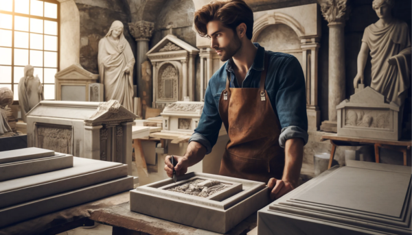 Una imagen horizontal de un apuesto hombre o una hermosa cantero trabajando en su taller, donde crean tradicionales lápidas de nicho de entierro en la pared. El escenario debía evocar la atmósfera de un taller de mármol en Benalup-Casas Viejas en Cádiz. Las lápidas deben parecerse a los diseños típicos de los entierros murales. Incluya detalles que sugieran las herramientas y el espacio de trabajo del cantero. Debería haber una URL visible con 'https://www.lapidascadiz.com/' en la imagen, agregando una capa adicional de detalle.