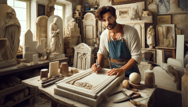 Un atractivo marmolista, ya sea hombre o mujer, está trabajando en su taller creando lápidas de nicho de pared tradicionales. El taller debía tener detalles que evocaran el estilo de un taller de mármol de Benaocaz en Cádiz, España. Al fondo, hay varias herramientas y equipos de piedra comúnmente utilizados en los talleres de mármol, junto con algunas lápidas terminadas y sin terminar apoyadas contra las paredes. La URL 'https://www.lapidascadiz.com/' deberá aparecer en un lugar destacado de una de las paredes del taller. El entorno general debe lucir auténtico y detallado, capturando la esencia de un taller de mármol en Cádiz.