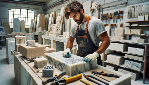 Una imagen en un taller de mármol en Bornos, Cádiz, donde un atractivo marmolista, hombre o mujer, está ocupado creando lápidas funerarias para entierros en las paredes. La imagen es horizontal, representando el taller con diversas herramientas y piezas de mármol al fondo. Se muestra al trabajador con un delantal de trabajo y equipo de seguridad, mientras trabaja en una lápida funeraria tradicional para un entierro en la pared. Incluye la siguiente URL como texto en la imagen: https://www.lapidascadiz.com/. El ambiente del taller tiene un aspecto típico de taller de mármol con influencias de Bornos, Cádiz.