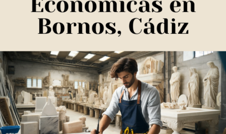 Una imagen en un taller de mármol en Bornos, Cádiz, donde un atractivo marmolista, hombre o mujer, está ocupado creando lápidas funerarias para entierros en las paredes. La imagen es horizontal, representando el taller con diversas herramientas y piezas de mármol al fondo. Se muestra al trabajador con un delantal de trabajo y equipo de seguridad, mientras trabaja en una lápida funeraria tradicional para un entierro en la pared. Incluye la siguiente URL como texto en la imagen: https://www.lapidascadiz.com/. El ambiente del taller tiene un aspecto típico de taller de mármol con influencias de Bornos, Cádiz.