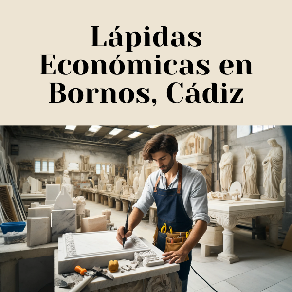 Una imagen en un taller de mármol en Bornos, Cádiz, donde un atractivo marmolista, hombre o mujer, está ocupado creando lápidas funerarias para entierros en las paredes. La imagen es horizontal, representando el taller con diversas herramientas y piezas de mármol al fondo. Se muestra al trabajador con un delantal de trabajo y equipo de seguridad, mientras trabaja en una lápida funeraria tradicional para un entierro en la pared. Incluye la siguiente URL como texto en la imagen: https://www.lapidascadiz.com/. El ambiente del taller tiene un aspecto típico de taller de mármol con influencias de Bornos, Cádiz.