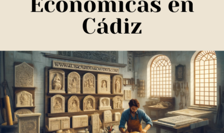 Imagen de un taller de cantero donde se elaboran placas funerarias para nichos de pared. El entorno incluye diversas herramientas y bancos de trabajo utilizados en el proceso de tallado de la piedra. La escena muestra a un atractivo cantero, hombre o mujer, trabajando en una placa. Al fondo, estanterías con diferentes losas de piedra, y en primer plano una placa funeraria a medio terminar. El taller debe evocar una sensación de ser gaditano, con toques de arquitectura andaluza, como azulejos decorativos y hierro forjado. El texto 'https://www.lapidascadiz.com/' debe aparecer de forma destacada en la escena. La imagen debe ser horizontal.