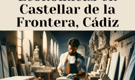 Un escultor de mármol, ya sea un hombre guapo o una mujer hermosa, trabajando en un taller tradicional en Castellar de la Frontera, Cádiz. El taller está lleno de herramientas y losas de mármol destinadas a elaborar lápidas con nichos en las paredes. Se ven detalles como elementos arquitectónicos locales españoles y herramientas de escultura tradicionales. La imagen debe evocar el ambiente del espacio de un artesano experto, con la URL del sitio web 'https://www.lapidascadiz.com/' exhibida de manera destacada dentro del entorno del taller.