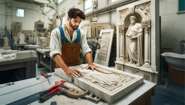 Imagen de un marmolista, ya sea un hombre o una mujer atractivo, trabajando en un taller donde crean placas funerarias para nichos de pared. Las placas tienen un diseño tradicional. En la descripción de la imagen aparece una URL: https://www.lapidascadiz.com/. La imagen debe incluir detalles que evoquen un taller de mármol en Chiclana de la Frontera en Cádiz, con algunos elementos diferenciales como la arquitectura española o equipos únicos de corte de mármol.