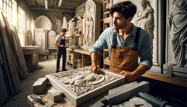 Un atractivo cantero trabajando en su taller creando placas funerarias tradicionales para nichos de pared. El entorno evoca el ambiente de un taller de cantero en Chipiona, Cádiz. El taller contiene bloques de mármol, equipos para cortar piedra y placas parcialmente terminadas. Hay fragmentos de piedra en el suelo y estanterías con diversas herramientas. Una URL destacada para 'https://www.lapidascadiz.com/' está visible en el fondo. En una imagen, el cantero es un hombre de cabello oscuro, y en otra, el cantero es una mujer de cabello castaño claro, ambos vestidos con traje de trabajo y concentrados en sus tareas.