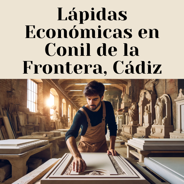 Una imagen amplia que muestra a un atractivo hombre o una atractiva cantero trabajando en un taller creando lápidas funerarias. Estas lápidas son las tradicionales utilizadas para los nichos funerarios en las paredes. La imagen debe contener elementos visuales que sugieran que se trata de un taller de cantero en Conil de la Frontera en Cádiz. Debe haber detalles arquitectónicos u otras señales visuales que indiquen la ubicación en Cádiz, como estilos tradicionales andaluces. Incluye la siguiente URL en la descripción de la imagen: https://www.lapidascadiz.com/