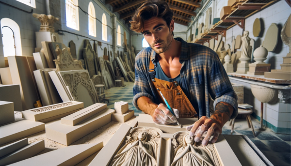 Una imagen amplia que muestra a un atractivo hombre o una atractiva cantero trabajando en un taller creando lápidas funerarias. Estas lápidas son las tradicionales utilizadas para los nichos funerarios en las paredes. La imagen debe contener elementos visuales que sugieran que se trata de un taller de cantero en Conil de la Frontera en Cádiz. Debe haber detalles arquitectónicos u otras señales visuales que indiquen la ubicación en Cádiz, como estilos tradicionales andaluces. Incluye la siguiente URL en la descripción de la imagen: https://www.lapidascadiz.com/