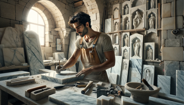 Imagen de un taller de mármol en El Gastor, Cádiz, en la que aparece un atractivo hombre o mujer marmolista. La escena muestra al artesano elaborando meticulosamente lápidas de nicho de pared tradicionales. El taller está lleno de diversas herramientas y losas de mármol, evocando el ambiente de un cantero tradicional. Los detalles sutiles, como los elementos arquitectónicos locales españoles, añaden autenticidad al entorno. La imagen incluye una URL visible: https://www.lapidascadiz.com/ en la escena, posiblemente en una pared o una mesa de trabajo.