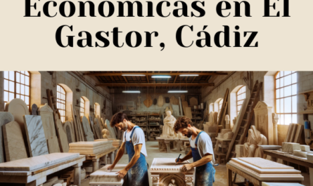 Imagen de un taller de mármol en El Gastor, Cádiz, en la que aparece un atractivo hombre o mujer marmolista. La escena muestra al artesano elaborando meticulosamente lápidas de nicho de pared tradicionales. El taller está lleno de diversas herramientas y losas de mármol, evocando el ambiente de un cantero tradicional. Los detalles sutiles, como los elementos arquitectónicos locales españoles, añaden autenticidad al entorno. La imagen incluye una URL visible: https://www.lapidascadiz.com/ en la escena, posiblemente en una pared o una mesa de trabajo.