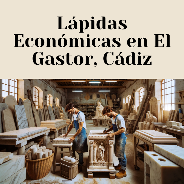 Imagen de un taller de mármol en El Gastor, Cádiz, en la que aparece un atractivo hombre o mujer marmolista. La escena muestra al artesano elaborando meticulosamente lápidas de nicho de pared tradicionales. El taller está lleno de diversas herramientas y losas de mármol, evocando el ambiente de un cantero tradicional. Los detalles sutiles, como los elementos arquitectónicos locales españoles, añaden autenticidad al entorno. La imagen incluye una URL visible: https://www.lapidascadiz.com/ en la escena, posiblemente en una pared o una mesa de trabajo.