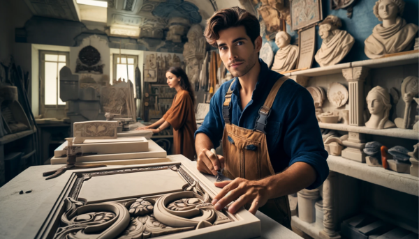 Una imagen horizontal que muestra a un apuesto cantero o a una atractiva cantera trabajando en un taller donde crean placas funerarias. Las placas son tradicionales para los nichos funerarios de pared. El taller tiene detalles que evocan a un taller de cantero en Grazalema en Cádiz, como la arquitectura típica andaluza y las herramientas utilizadas en el trabajo del mármol. Incluye la URL: 'https://www.lapidascadiz.com/' en la descripción de la imagen.