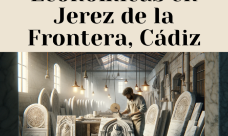 Cree una imagen amplia de un taller de mármol donde un atractivo marmolista (al azar un hombre o una mujer) está elaborando lápidas funerarias tradicionales diseñadas para nichos funerarios en las paredes. Estas lápidas deben parecerse a las utilizadas en Jerez de la Frontera, Cádiz. El escenario debe parecerse a un taller con herramientas, losas de piedra y restos de mármol. La imagen debe contener la URL: https://www.lapidascadiz.com/. La escena debe evocar el ambiente de un taller de mármol típico de Jerez de la Frontera, con sutiles detalles regionales como la distribución del taller y cualquier característica reconocible de la zona.