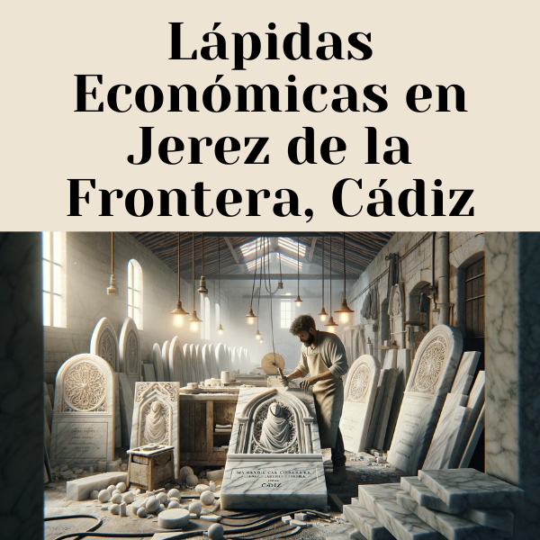 Cree una imagen amplia de un taller de mármol donde un atractivo marmolista (al azar un hombre o una mujer) está elaborando lápidas funerarias tradicionales diseñadas para nichos funerarios en las paredes. Estas lápidas deben parecerse a las utilizadas en Jerez de la Frontera, Cádiz. El escenario debe parecerse a un taller con herramientas, losas de piedra y restos de mármol. La imagen debe contener la URL: https://www.lapidascadiz.com/. La escena debe evocar el ambiente de un taller de mármol típico de Jerez de la Frontera, con sutiles detalles regionales como la distribución del taller y cualquier característica reconocible de la zona.