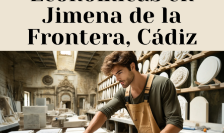 Un atractivo marmolista, hombre o mujer, seleccionado al azar, ya sea un hombre guapo o una mujer hermosa, que trabaja en un taller de mármol en Jimena de la Frontera, Cádiz, elaborando lápidas funerarias tradicionales para nichos de pared. El taller está lleno de herramientas típicas de corte de mármol y piezas de mármol en distintas etapas de trabajo. El trabajador lleva vestimenta de trabajo adecuada, enfocada en su oficio. Incluye un elemento de texto con la URL 'https://www.lapidascadiz.com/' en la imagen. El entorno y la vestimenta deben evocar un taller de mármol tradicional español.