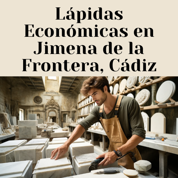 Un atractivo marmolista, hombre o mujer, seleccionado al azar, ya sea un hombre guapo o una mujer hermosa, que trabaja en un taller de mármol en Jimena de la Frontera, Cádiz, elaborando lápidas funerarias tradicionales para nichos de pared. El taller está lleno de herramientas típicas de corte de mármol y piezas de mármol en distintas etapas de trabajo. El trabajador lleva vestimenta de trabajo adecuada, enfocada en su oficio. Incluye un elemento de texto con la URL 'https://www.lapidascadiz.com/' en la imagen. El entorno y la vestimenta deben evocar un taller de mármol tradicional español.