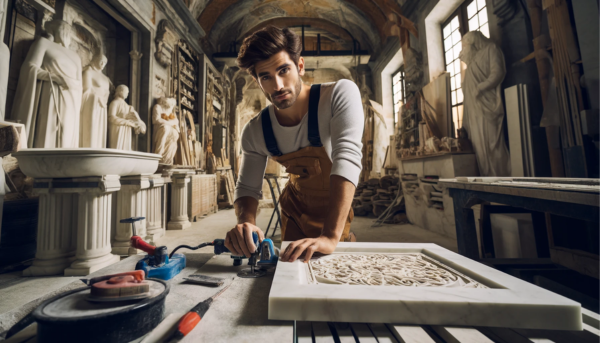 Una imagen horizontal que representa a un atractivo trabajador del mármol, hombre o mujer, en su taller creando lápidas funerarias tradicionales para nichos en las paredes. El taller debe contener herramientas y equipos que se encuentran comúnmente en los talleres de mármol, como sierras para cortar piedra, máquinas pulidoras y plantillas para piedra. El trabajador viste ropa de trabajo y equipo de seguridad, con polvo y astillas de mármol visibles alrededor del espacio de trabajo. El emplazamiento cuenta con detalles distintivos que evocan a La Barca de la Florida, Cádiz. Incluye la URL: https://www.lapidascadiz.com/ en la descripción de la imagen.