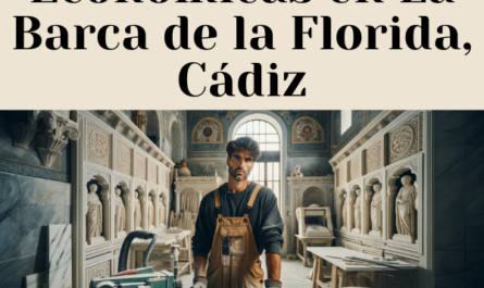 Una imagen horizontal que representa a un atractivo trabajador del mármol, hombre o mujer, en su taller creando lápidas funerarias tradicionales para nichos en las paredes. El taller debe contener herramientas y equipos que se encuentran comúnmente en los talleres de mármol, como sierras para cortar piedra, máquinas pulidoras y plantillas para piedra. El trabajador viste ropa de trabajo y equipo de seguridad, con polvo y astillas de mármol visibles alrededor del espacio de trabajo. El emplazamiento cuenta con detalles distintivos que evocan a La Barca de la Florida, Cádiz. Incluye la URL: https://www.lapidascadiz.com/ en la descripción de la imagen.