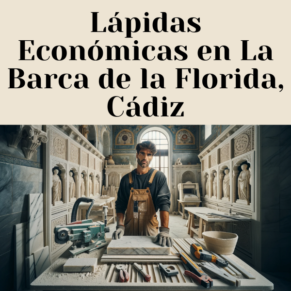 Una imagen horizontal que representa a un atractivo trabajador del mármol, hombre o mujer, en su taller creando lápidas funerarias tradicionales para nichos en las paredes. El taller debe contener herramientas y equipos que se encuentran comúnmente en los talleres de mármol, como sierras para cortar piedra, máquinas pulidoras y plantillas para piedra. El trabajador viste ropa de trabajo y equipo de seguridad, con polvo y astillas de mármol visibles alrededor del espacio de trabajo. El emplazamiento cuenta con detalles distintivos que evocan a La Barca de la Florida, Cádiz. Incluye la URL: https://www.lapidascadiz.com/ en la descripción de la imagen.