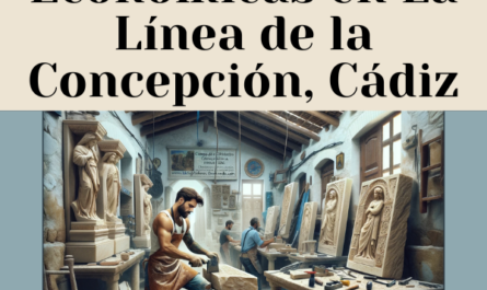 Una imagen en orientación horizontal que representa a un atractivo cantero o a una atractiva cantera trabajando en un taller donde crean lápidas tradicionales para nichos funerarios en las paredes. La escena debe mostrar lápidas en distintas etapas de finalización, con herramientas y equipos utilizados para cortar y pulir la piedra. El escenario es un taller en el Campo de Gibraltar, Cádiz, con detalles que reflejan esta ubicación geográfica, como símbolos regionales, arquitectura local o elementos de diseño. El texto 'https://www.lapidascadiz.com/' debe estar visible dentro de la imagen, posiblemente en un cartel o en una hoja de papel. El taller está desordenado pero funcional, con el cantero trabajando activamente en una lápida.