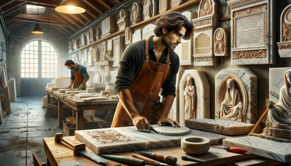 Una imagen amplia que muestra a un atractivo cantero de mármol, hombre o mujer, trabajando en su taller, creando placas de lápida tradicionales para nichos funerarios en las paredes. El taller debe contener elementos propios de un taller de marmolista de Los Barrios, Cádiz, como losas de mármol, herramientas de corte y polvo en el aire. Las placas de las lápidas deben tener varias formas y tamaños, y algunas deben tener inscripciones grabadas. El entorno debe ser un taller concurrido y con signos visibles de mampostería. Incluye la siguiente URL en la descripción de la imagen: https://www.lapidascadiz.com/