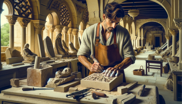 Cree una imagen amplia que muestre un taller donde esté trabajando un atractivo cantero, hombre o mujer. El taller se especializa en la creación de lápidas tradicionales para nichos funerarios en las paredes. El entorno debía evocar el estilo de un taller de cantero de Medina Sidonia, Cádiz. El trabajador se encuentra tallando o puliendo una piedra, con diversas herramientas y materiales repartidos por el taller. Incluye una URL visible en la imagen con el texto: 'https://www.lapidascadiz.com/'.