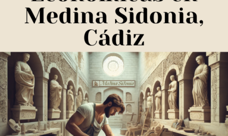 Cree una imagen amplia que muestre un taller donde esté trabajando un atractivo cantero, hombre o mujer. El taller se especializa en la creación de lápidas tradicionales para nichos funerarios en las paredes. El entorno debía evocar el estilo de un taller de cantero de Medina Sidonia, Cádiz. El trabajador se encuentra tallando o puliendo una piedra, con diversas herramientas y materiales repartidos por el taller. Incluye una URL visible en la imagen con el texto: 'https://www.lapidascadiz.com/'.