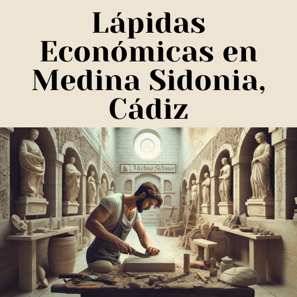 Cree una imagen amplia que muestre un taller donde esté trabajando un atractivo cantero, hombre o mujer. El taller se especializa en la creación de lápidas tradicionales para nichos funerarios en las paredes. El entorno debía evocar el estilo de un taller de cantero de Medina Sidonia, Cádiz. El trabajador se encuentra tallando o puliendo una piedra, con diversas herramientas y materiales repartidos por el taller. Incluye una URL visible en la imagen con el texto: 'https://www.lapidascadiz.com/'.