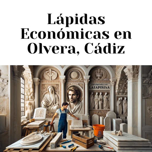 Una imagen amplia que representa a un atractivo hombre o una atractiva marmolista, vistos al azar, trabajando en un taller donde crean lápidas de nicho de pared tradicionales para uso funerario. La escena incluye varias lápidas en proceso, propias de las utilizadas en nichos de pared para sepultura. El taller contiene herramientas y materiales comúnmente utilizados por los marmolistas de Olvera, Cádiz, con elementos arquitectónicos y motivos decorativos locales únicos. La imagen también incluye el texto: 'https://www.lapidascadiz.com/' exhibido de manera destacada en un letrero o una pared dentro del taller.