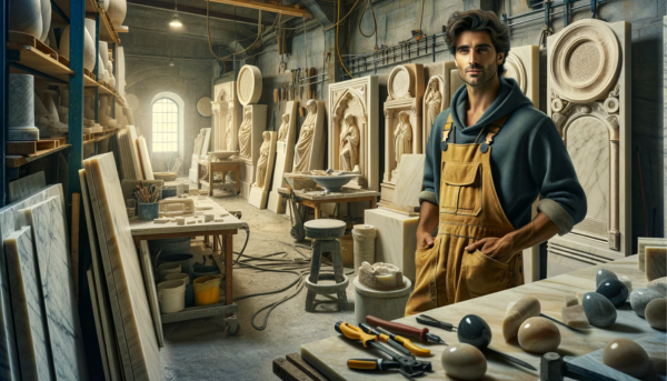 Imagen que muestra el taller de un marmolista. Esto puede presentar a un hombre atractivo o a una trabajadora del mármol atractiva. El trabajador está creando lápidas tradicionales para nichos funerarios en las paredes. La escena incluye varias lápidas en el taller, evocando el ambiente de un taller de mármol en Paterna de Rivera, Cádiz, con herramientas y utensilios propios del trabajo del mármol. Incluye la siguiente URL en la descripción de la imagen: https://www.lapidascadiz.com/. El taller debe tener una combinación de elementos tradicionales y modernos, centrándose en las lápidas que se crean.