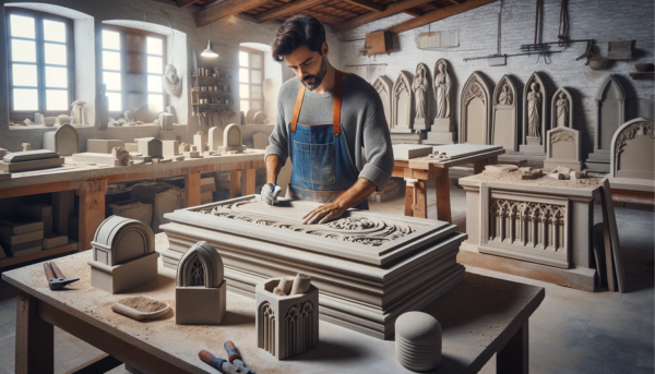 Una imagen horizontal de un atractivo marmolista o de una atractiva marmolista en su taller creando lápidas tradicionales para nichos funerarios en las paredes. El taller tiene detalles que evocan a un taller de mármol de Puerto Real, Cádiz. Hay varias herramientas y piezas de mármol repartidas por todos lados. El trabajador está concentrado en su tarea, cincelar o pulir mármol. Al fondo hay lápidas parcialmente terminadas. Un cartel o etiqueta en la imagen incluye la URL: 'https://www.lapidascadiz.com/' para indicar la afiliación del taller.