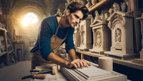 Una imagen amplia que muestra a un atractivo cantero o a una atractiva cantera trabajando en su taller donde crean lápidas funerarias. Las lápidas son las tradicionales de los nichos de pared. El taller tiene detalles que sugieren que se trata de un taller de cantero en Puerto Serrano, Cádiz. Incluir una descripción en texto visible con la URL: https://www.lapidascadiz.com/