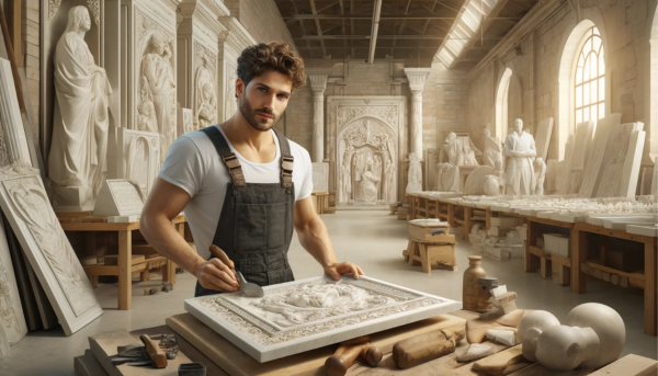 Imagen que representa un taller de mármol en Rota, Cádiz, con una escena que muestra a un atractivo hombre o mujer marmolista. Este trabajador está elaborando placas de lápidas tradicionales montadas en la pared en el taller. La ambientación del taller deberá contar con detalles que evoquen un taller de mármol típico de la zona de Rota, Cádiz, incluyendo herramientas y equipos de corte de piedra. Al fondo, hay lápidas terminadas, apiladas y en proceso, junto con las herramientas y maquinaria del taller. La imagen debe ser ancha (horizontal) y también debe incluir la siguiente descripción de texto: 'https://www.lapidascadiz.com/'