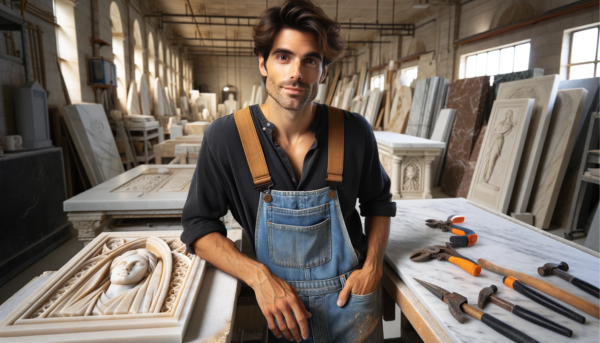 Una imagen horizontal que muestra a un atractivo hombre o una atractiva marmolista en su taller, donde crean lápidas funerarias. Las lápidas son tradicionales para los nichos de pared en los lugares de enterramiento. La imagen debe contener la siguiente descripción de texto con la URL proporcionada: https://www.lapidascadiz.com/. El ambiente del taller debe evocar la sensación de un taller de mármol de San José del Valle, Cádiz, con detalles apropiados como losas de mármol, herramientas y un ambiente de taller.