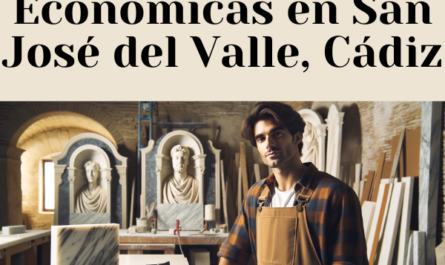 Una imagen horizontal que muestra a un atractivo hombre o una atractiva marmolista en su taller, donde crean lápidas funerarias. Las lápidas son tradicionales para los nichos de pared en los lugares de enterramiento. La imagen debe contener la siguiente descripción de texto con la URL proporcionada: https://www.lapidascadiz.com/. El ambiente del taller debe evocar la sensación de un taller de mármol de San José del Valle, Cádiz, con detalles apropiados como losas de mármol, herramientas y un ambiente de taller.