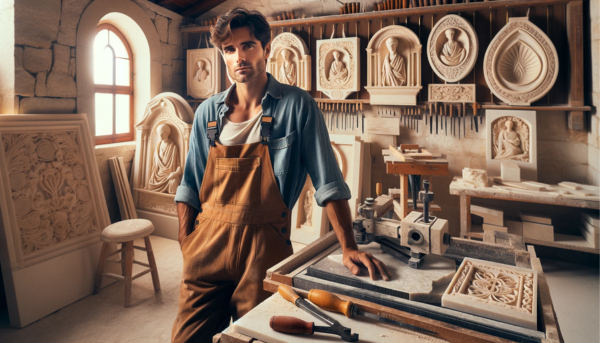 Una imagen horizontal que muestra a un trabajador del mármol en su taller donde crean placas de nicho funerarias tradicionales para entierros en las paredes. El trabajador debe ser un hombre atractivo o una mujer atractiva, elegidos al azar. El taller está ubicado en Sanlúcar de Barrameda, Cádiz, e incluye detalles que evocan esta ubicación. El espacio de trabajo debe contener equipos típicos para cortar mármol, cinceles y varias placas para nichos funerarios terminadas y sin terminar. Incluye la URL 'https://www.lapidascadiz.com/' en la descripción. El ambiente debe verse auténtico y profesional.