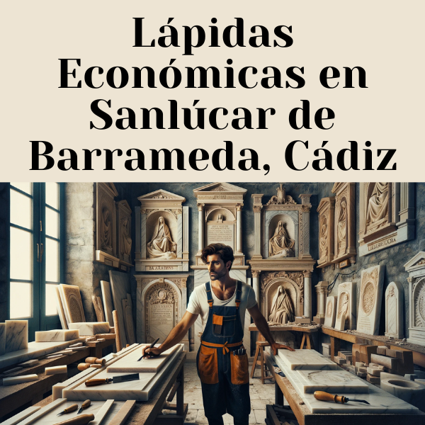 Una imagen horizontal que muestra a un trabajador del mármol en su taller donde crean placas de nicho funerarias tradicionales para entierros en las paredes. El trabajador debe ser un hombre atractivo o una mujer atractiva, elegidos al azar. El taller está ubicado en Sanlúcar de Barrameda, Cádiz, e incluye detalles que evocan esta ubicación. El espacio de trabajo debe contener equipos típicos para cortar mármol, cinceles y varias placas para nichos funerarios terminadas y sin terminar. Incluye la URL 'https://www.lapidascadiz.com/' en la descripción. El ambiente debe verse auténtico y profesional.