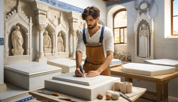 En una imagen horizontal, represente a un atractivo hombre o una atractiva albañil de mármol trabajando en un taller donde crean lápidas funerarias. Estas lápidas son tradicionales para los nichos funerarios de pared. Incluye el texto 'https://www.lapidascadiz.com/' en la descripción de la imagen. El taller debe tener detalles que evoquen un taller de albañil de mármol en Setenil de las Bodegas, Cádiz, España, con elementos arquitectónicos tradicionales andaluces y materiales como paredes de yeso blanco y tejas de barro.