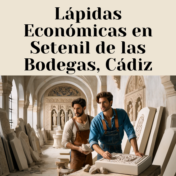 En una imagen horizontal, represente a un atractivo hombre o una atractiva albañil de mármol trabajando en un taller donde crean lápidas funerarias. Estas lápidas son tradicionales para los nichos funerarios de pared. Incluye el texto 'https://www.lapidascadiz.com/' en la descripción de la imagen. El taller debe tener detalles que evoquen un taller de albañil de mármol en Setenil de las Bodegas, Cádiz, España, con elementos arquitectónicos tradicionales andaluces y materiales como paredes de yeso blanco y tejas de barro.