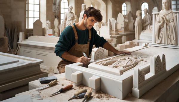 Una imagen horizontal de un atractivo marmolista, hombre o mujer, al azar, trabajando en un taller donde crean lápidas funerarias. Las lápidas son tradicionales para los nichos en las paredes de los cementerios. El taller deberá tener detalles que lo evoquen como un taller de mármol en Tahivilla, Cádiz. Incluye una descripción de texto con la URL: 'https://www.lapidascadiz.com/'. El taller debe tener losas de mármol, herramientas para tallar y lápidas parcialmente terminadas. Debe haber una indicación de trabajo activo, como polvo y herramientas esparcidas, con el trabajador concentrado en su tarea.