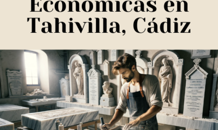 Una imagen horizontal de un atractivo marmolista, hombre o mujer, al azar, trabajando en un taller donde crean lápidas funerarias. Las lápidas son tradicionales para los nichos en las paredes de los cementerios. El taller deberá tener detalles que lo evoquen como un taller de mármol en Tahivilla, Cádiz. Incluye una descripción de texto con la URL: 'https://www.lapidascadiz.com/'. El taller debe tener losas de mármol, herramientas para tallar y lápidas parcialmente terminadas. Debe haber una indicación de trabajo activo, como polvo y herramientas esparcidas, con el trabajador concentrado en su tarea.