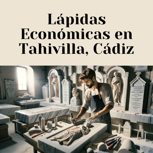 Una imagen horizontal de un atractivo marmolista, hombre o mujer, al azar, trabajando en un taller donde crean lápidas funerarias. Las lápidas son tradicionales para los nichos en las paredes de los cementerios. El taller deberá tener detalles que lo evoquen como un taller de mármol en Tahivilla, Cádiz. Incluye una descripción de texto con la URL: 'https://www.lapidascadiz.com/'. El taller debe tener losas de mármol, herramientas para tallar y lápidas parcialmente terminadas. Debe haber una indicación de trabajo activo, como polvo y herramientas esparcidas, con el trabajador concentrado en su tarea.