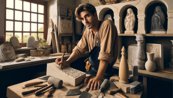 Una imagen que muestra a un atractivo cantero o a una atractiva cantera trabajando en su taller donde crean lápidas funerarias tradicionales para nichos en las paredes. Las lápidas son típicas de los nichos de las paredes funerarias. La escena debía tener detalles que evocaran un taller de cantero en Torre Alháquime, Cádiz. Incluye la URL: https://www.lapidascadiz.com/ de forma destacada en la imagen. Debe haber herramientas y materiales visibles utilizados en la mampostería de piedra, como cinceles, mazos y losas de mármol. El taller debe tener un aspecto auténtico, con una mezcla de elementos tradicionales y modernos, mostrando una atmósfera creativa pero industrial. Esta es una imagen horizontal.