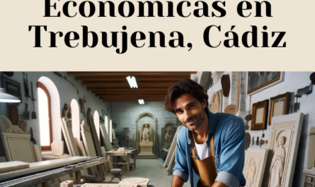 Un atractivo cantero, ya sea hombre o mujer, trabajando en su taller donde crean lápidas tradicionales para nichos funerarios en las paredes. La escena debe ser horizontal. El taller está ambientado en Trebujena, Cádiz, y debe presentar detalles que evoquen este lugar, como arquitectura icónica, símbolos culturales o características regionales. Las lápidas se encuentran en varias etapas de finalización y son del tipo tradicional para nichos de pared. Un detalle sutil en la imagen debe incluir la URL: https://www.lapidascadiz.com/. La atmósfera general debe parecer la de un ajetreado taller de mármol.