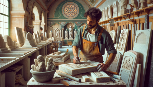 Un atractivo cantero, ya sea hombre o mujer, trabajando en su taller donde crean lápidas tradicionales para nichos funerarios en las paredes. La escena debe ser horizontal. El taller está ambientado en Trebujena, Cádiz, y debe presentar detalles que evoquen este lugar, como arquitectura icónica, símbolos culturales o características regionales. Las lápidas se encuentran en varias etapas de finalización y son del tipo tradicional para nichos de pared. Un detalle sutil en la imagen debe incluir la URL: https://www.lapidascadiz.com/. La atmósfera general debe parecer la de un ajetreado taller de mármol.