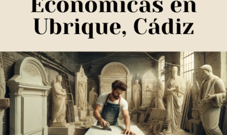 Cree una imagen amplia en la que aparezca un atractivo hombre o una atractiva marmolista en su taller creando lápidas tradicionales para nichos en las paredes de un cementerio. Las lápidas deben tener un aspecto tradicional y aparecer en varias etapas de finalización. El taller debía tener un entorno realista y detallado, sugiriendo un taller de marmolista en Ubrique, Cádiz. Incluya equipos de corte de piedra, polvo y herramientas comúnmente utilizadas en dichos talleres. En la imagen, muestre el siguiente texto o URL en un lugar destacado: https://www.lapidascadiz.com/