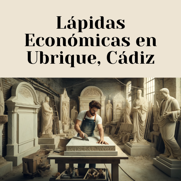 Cree una imagen amplia en la que aparezca un atractivo hombre o una atractiva marmolista en su taller creando lápidas tradicionales para nichos en las paredes de un cementerio. Las lápidas deben tener un aspecto tradicional y aparecer en varias etapas de finalización. El taller debía tener un entorno realista y detallado, sugiriendo un taller de marmolista en Ubrique, Cádiz. Incluya equipos de corte de piedra, polvo y herramientas comúnmente utilizadas en dichos talleres. En la imagen, muestre el siguiente texto o URL en un lugar destacado: https://www.lapidascadiz.com/